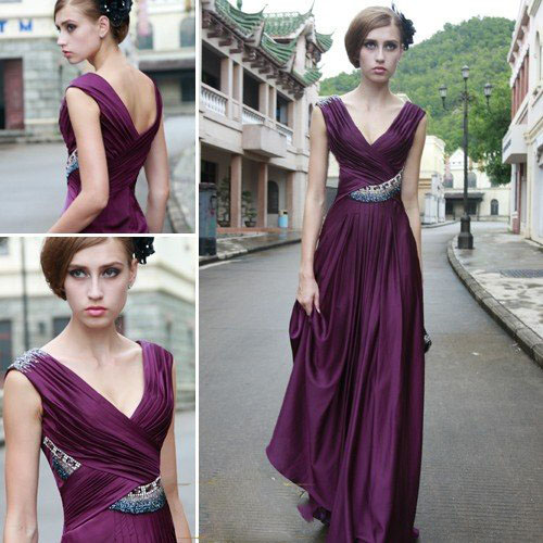 Satin Sleeveness V-neck Beaded Pleats Ruching Slim Line Floor Length Evening Dresses