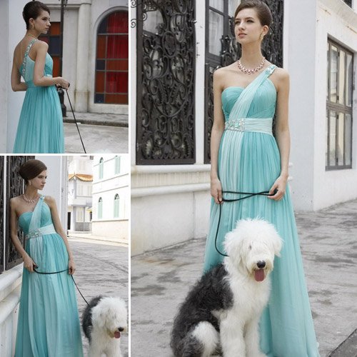 Taffeta Cotton One-shoulder Beaded Full-length Ruffles Evening Dresses