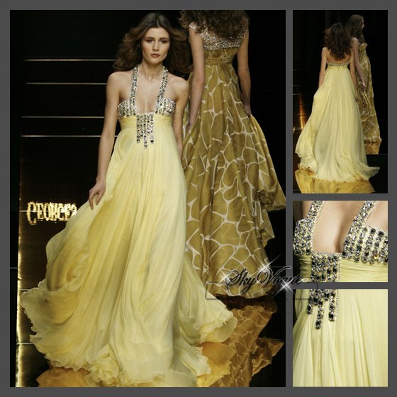 Organza Halter Beaded Full-length Ruffles Sexy Evening Dresses