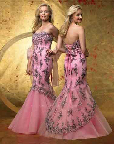Custom-made Appliqued Organza Strapless Mermaid Pink Evening Dresses
