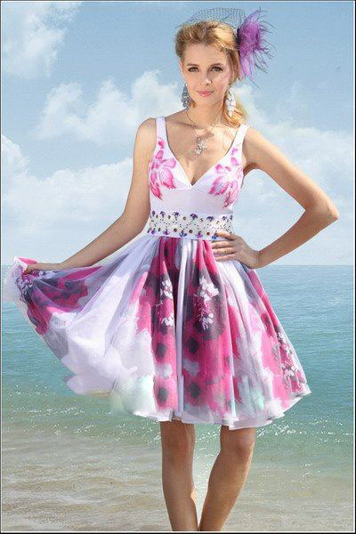Fabric Strap V-neck Beading Empire Painting Zipper Anklie-length Homecoming Dresses