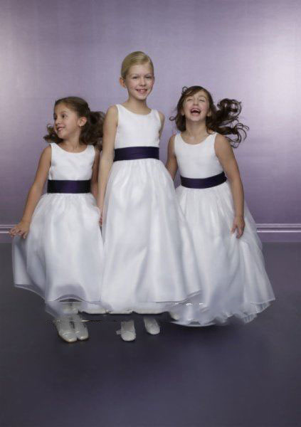 Organdy Sleeveness Empire Purple Sash White Flower Girl Dresses