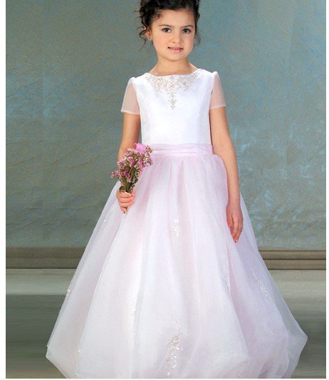 Organza Yarn Sleeve Emboridery Ankle-length Simple Flower Girl Dresses
