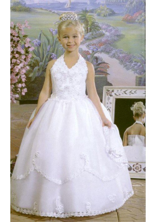 Organza Halter Embroidery Lace Ball Gown Ankle-length Princess Flower Girl Dresses