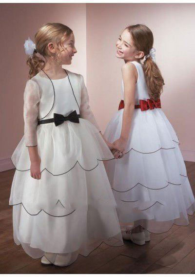 Tulle Sleeveness Bowknot Layered Ankel-length Flower Girl Dresses