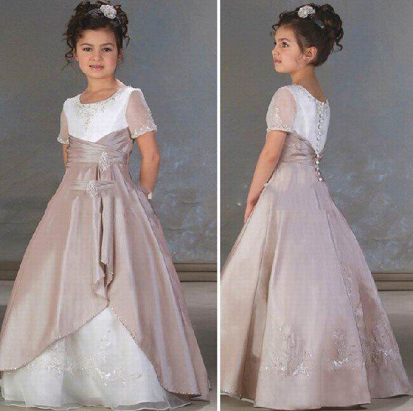 Satin Yarn Short Sleeve Ball Gown Full-length Flower Girl Dresses