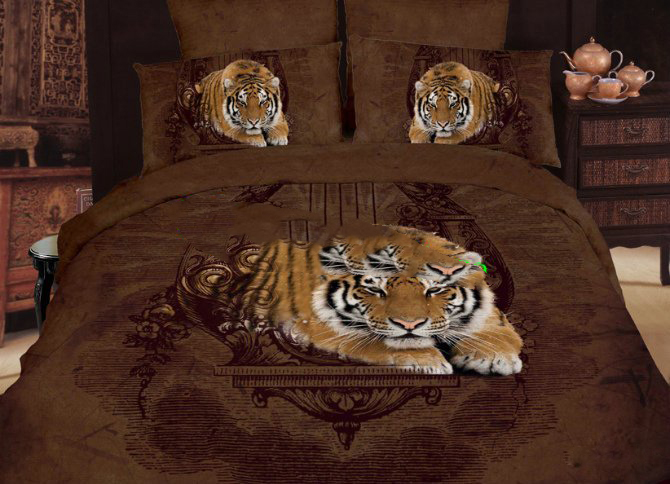 100% Cotton Luxury 4PCS Oil Painting Tiger King Bed Duvet Comforter Bedding Set