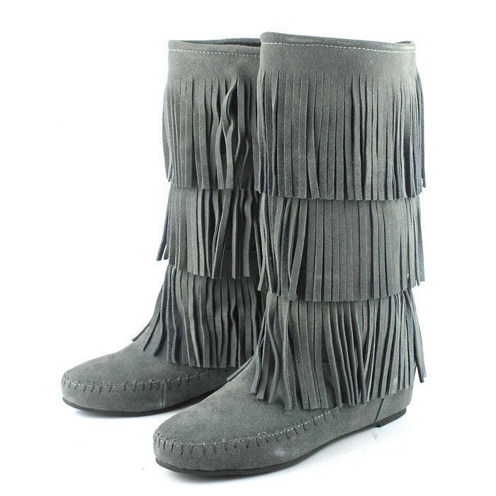 100% Genuine Leather Three Cascading Tassel Knee-High Flat Boots Shoes