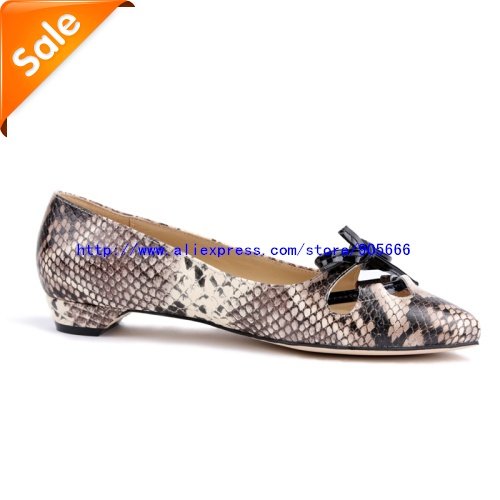Snake Cow Leather Pointed Toe Stripes Flat Shoes