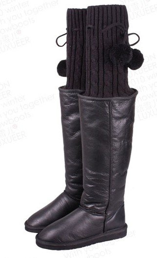 Genuine Sheepskin Luxe Knitted Over Knee Winter Snow Boots Flat Shoes