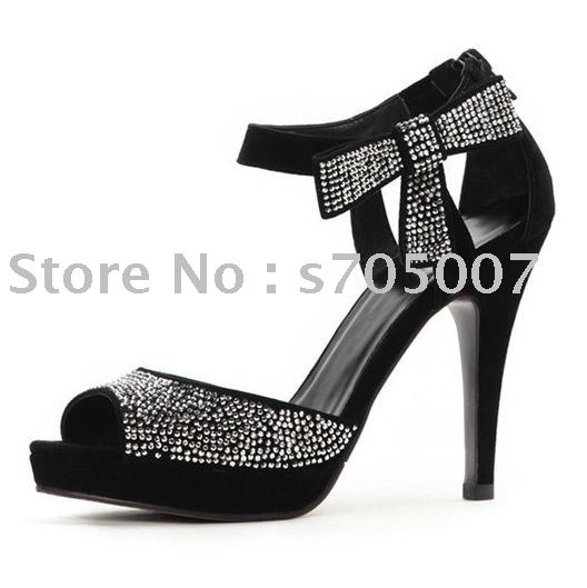 Real Leather Luxury Black High Heel Platform Rhinestone Sandals