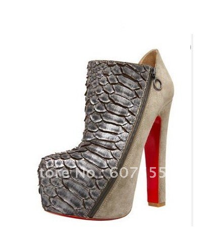 Genuine Leather Zipper Fish Scales Lines High Heels Platform Shoes