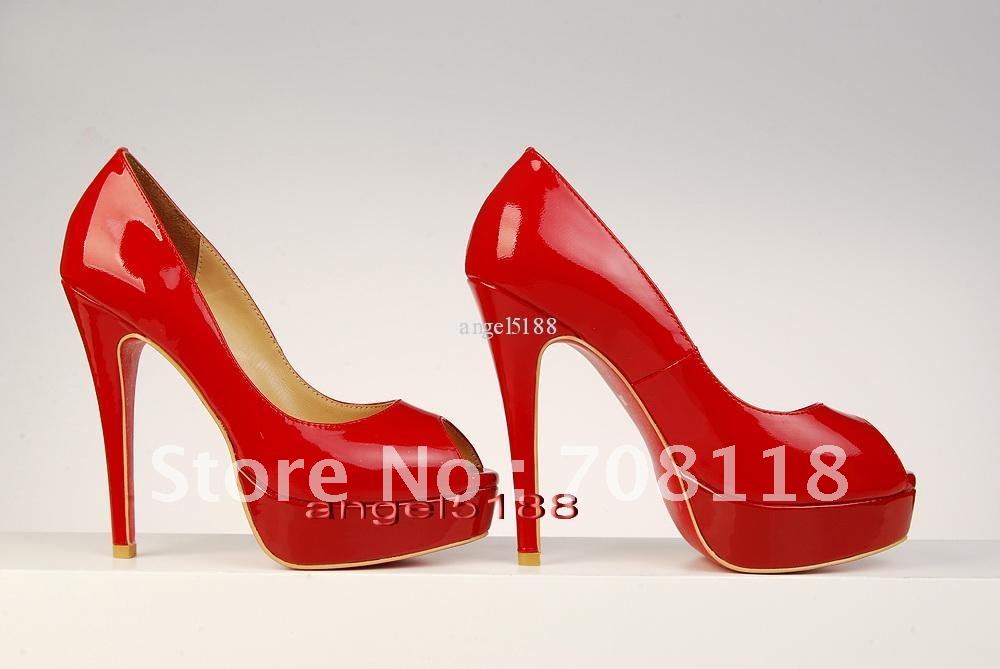 Patent Leather Red Dew Toes Bright Surface Thin and High Heels Platform Shoes
