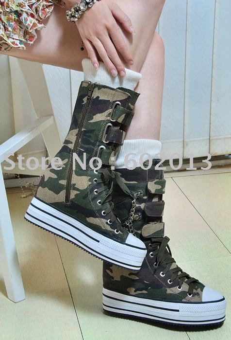 Canvas Chain Chalaza Short Boots Zipper Military Fatigues Pattern Platform Shoes