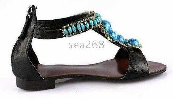 Handmade Rivets Genuine Leather Blue Women's Sandals