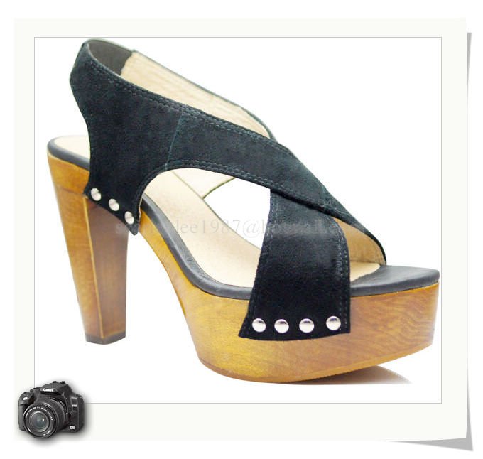 Genuine Leather 10.5cm Heels Black Women's Clogs