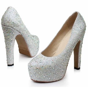 White Diamond Leather Waterproof Crystal High Heels Pumps Bridal Wedding Shoe