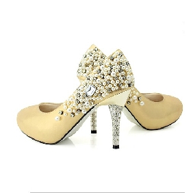 Women's Gold Pearls Diamond High Heel Sheepskin Bridal Shoes