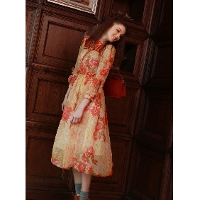 Bohemian Retro Long Sleeve Crystal Buckle Long Style Printing Chiffon Dresses