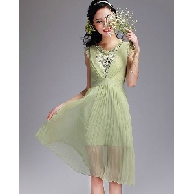 Crystal Lace Green Spring Long Style Dress Pleated Skirt