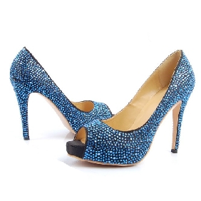 Women's Luxury Blue Crystal Europe Style High-heeled Leather Open Toe Wedding Shoe Bridal Shoes