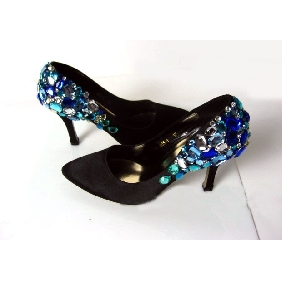 Women's Blue Crystal Diamond Satin Pointed High Heel Bridal Shoes